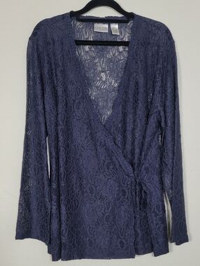 Vintage Chicos Lace Wrap Top Size 1 Medium Navy Blue Feminine Goth Romantic